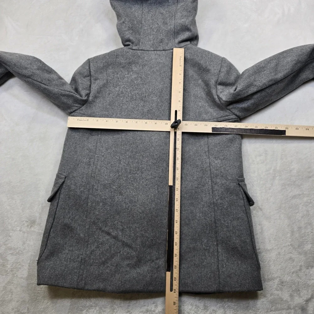 J Crew Duffle Coat Womens XS 0‎ Grey Melton Wool Italy Hood Toggle Peacoat
